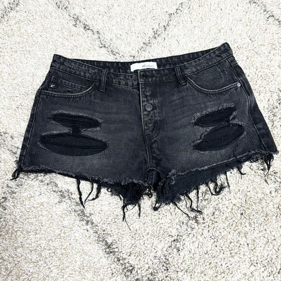 Kancan Black Button Fly Frayed Denim Shorts Size 13 - Picture 2 of 6